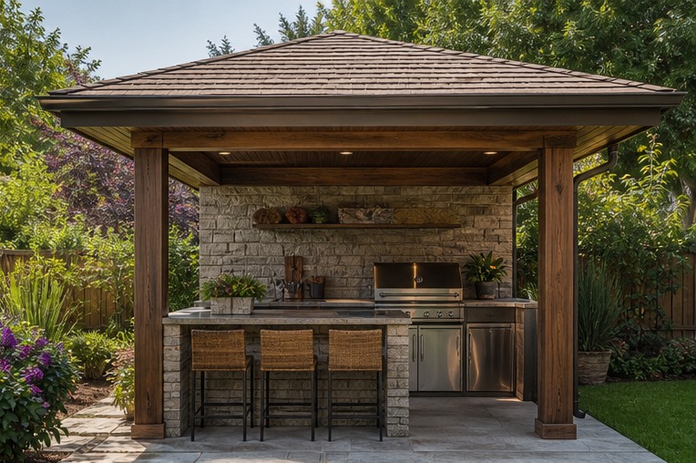 Garden outdoor kitchen with deep metal eaves and timber posts
