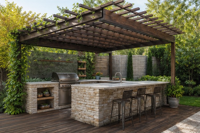 Outdoor kitchen under a wood pergola and partial metal roof
