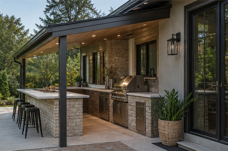House-attached outdoor kitchen canopy with steel frame and wood screen