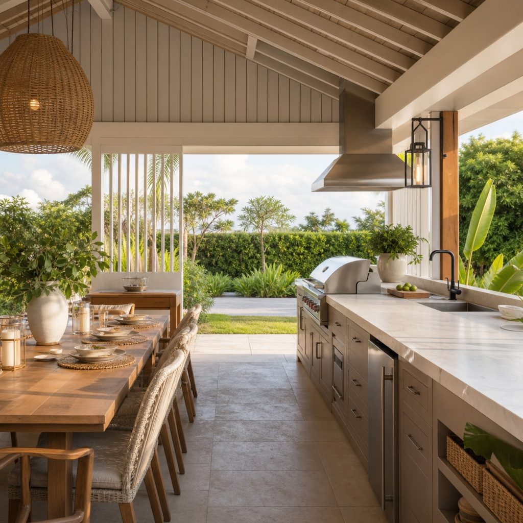Outdoor kitchen beside a shaded dining table with a clear serving route