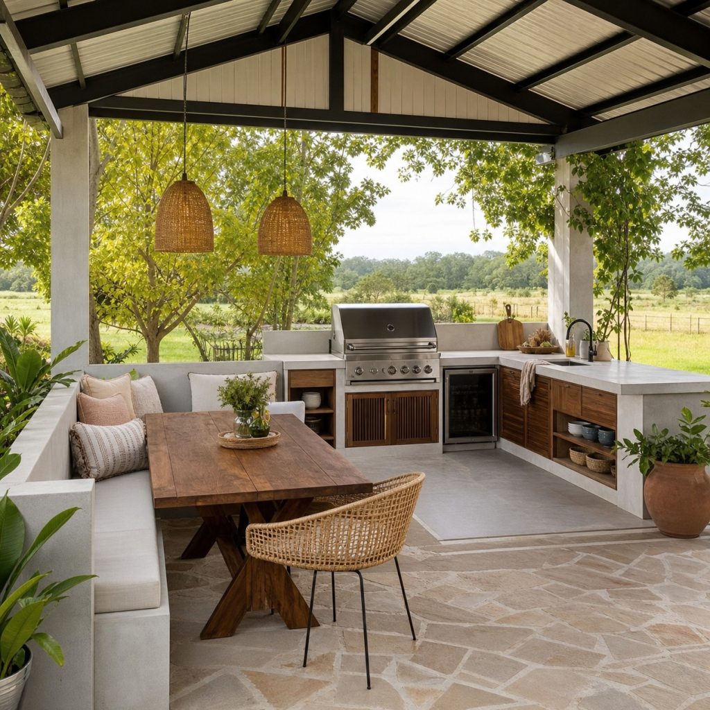 Outdoor kitchen with L-shaped built-in bench around a dining table