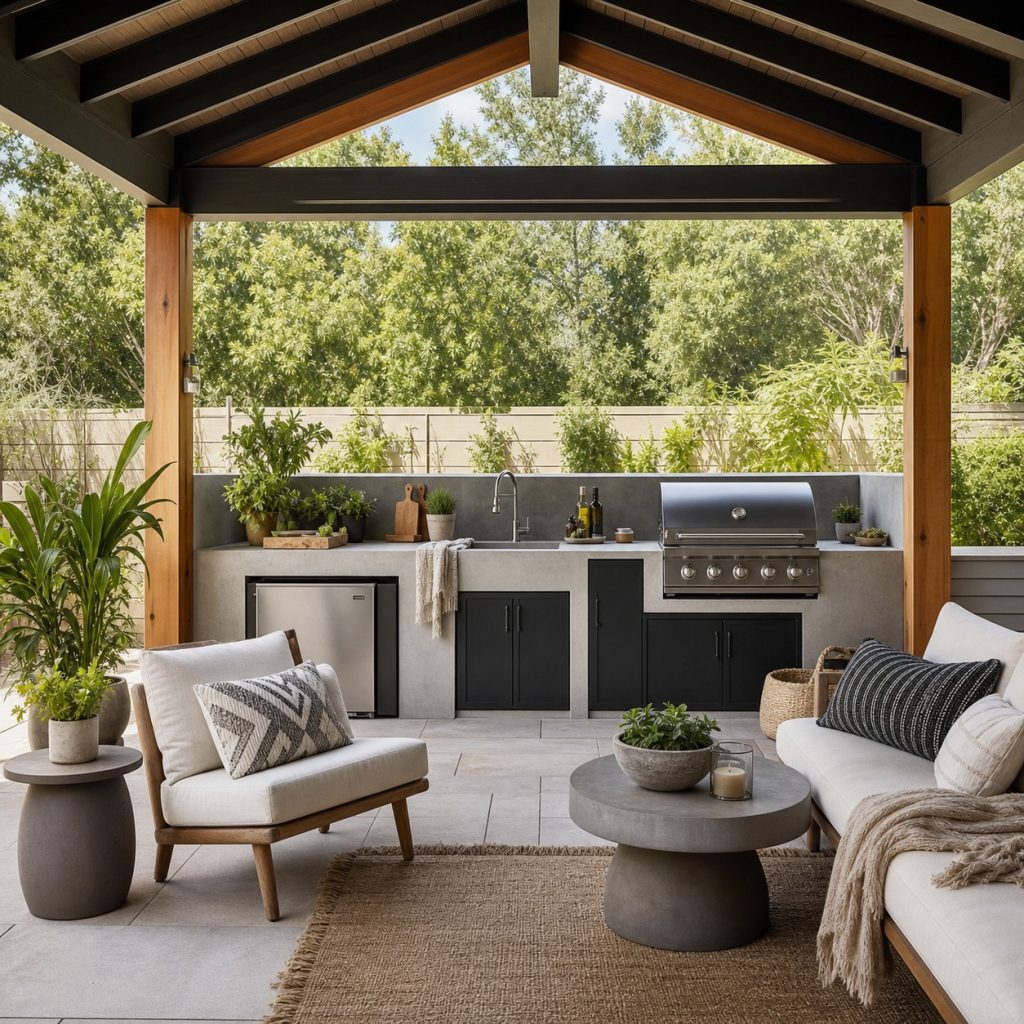 Outdoor kitchen paired with lounge chairs across a landscaped patio