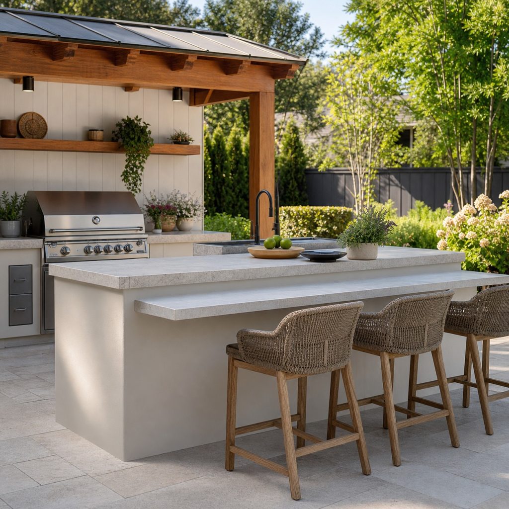 Outdoor kitchen island with lower prep counter and raised serving ledge