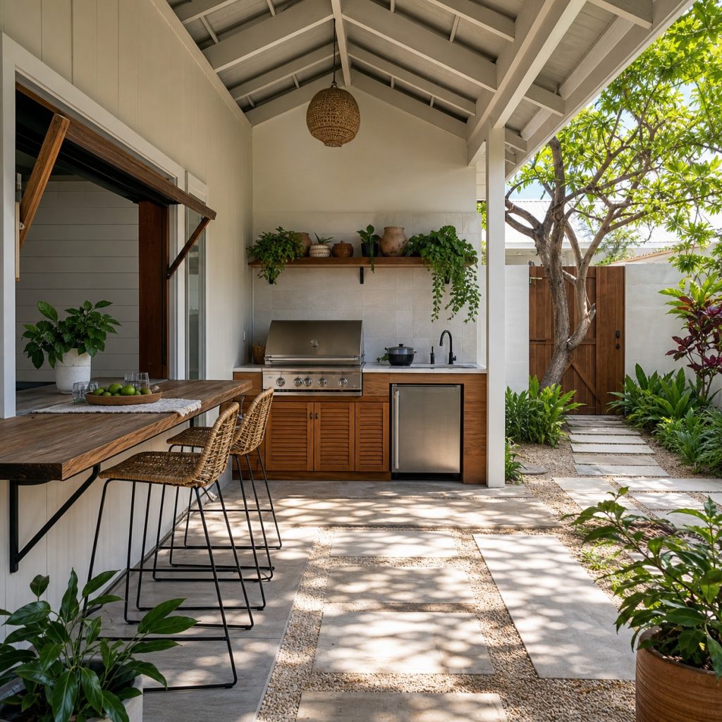 Compact outdoor kitchen with movable stools at a shaded serving ledge