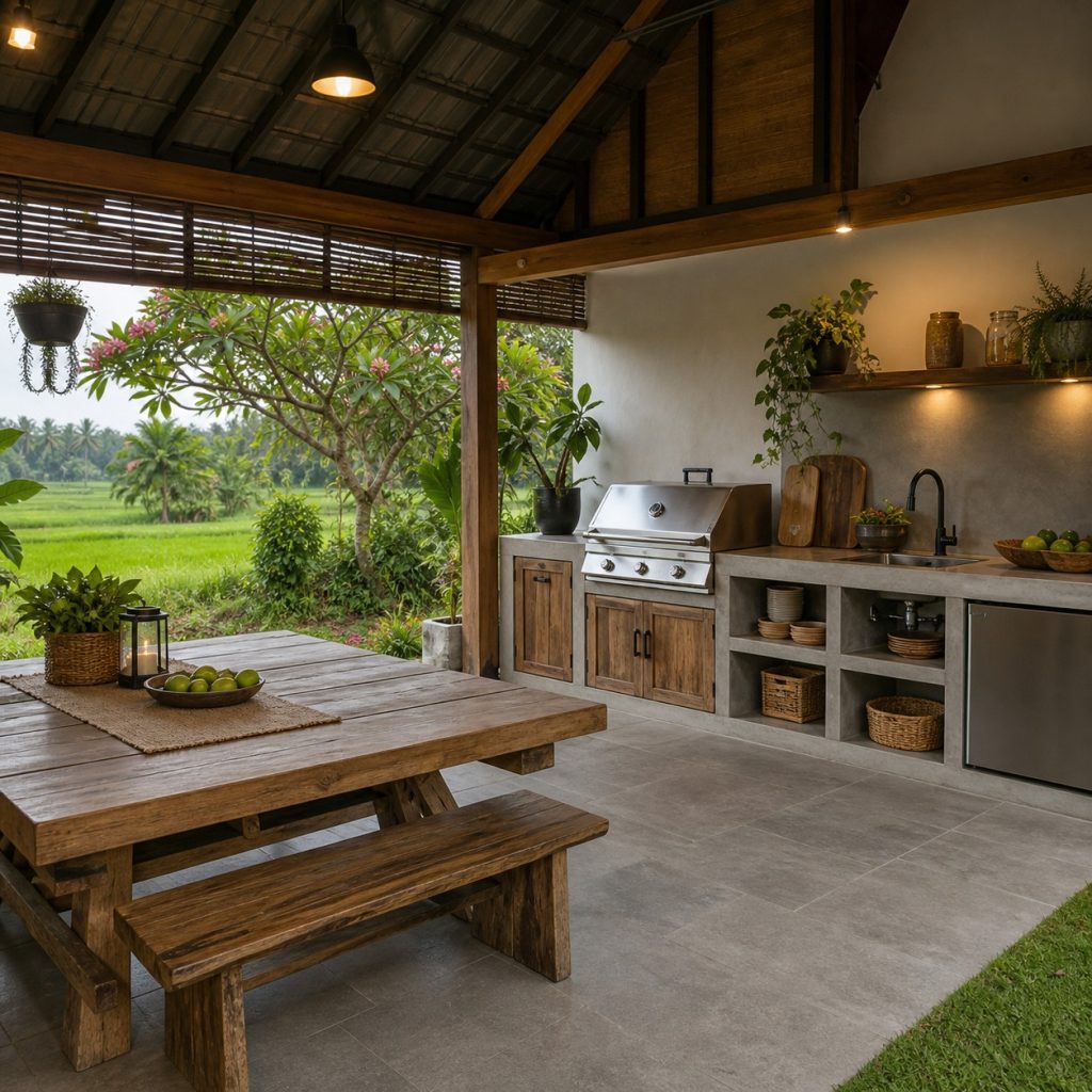 Rustic outdoor kitchen beside a picnic table on level paving