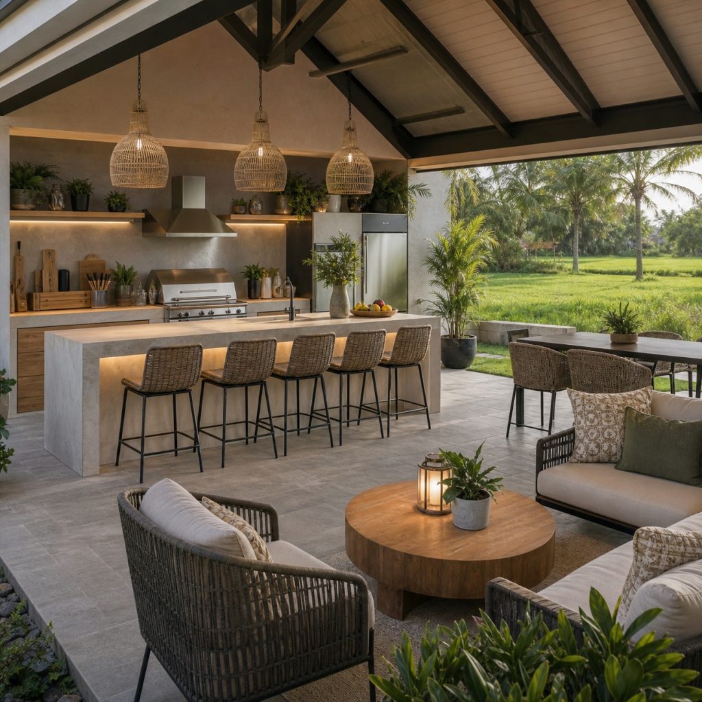 Outdoor kitchen with separate lounge circle and compact dining counter
