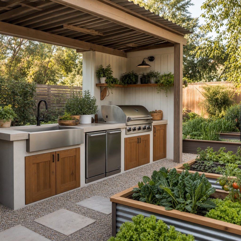 Outdoor garden harvest sink beside raised vegetable beds