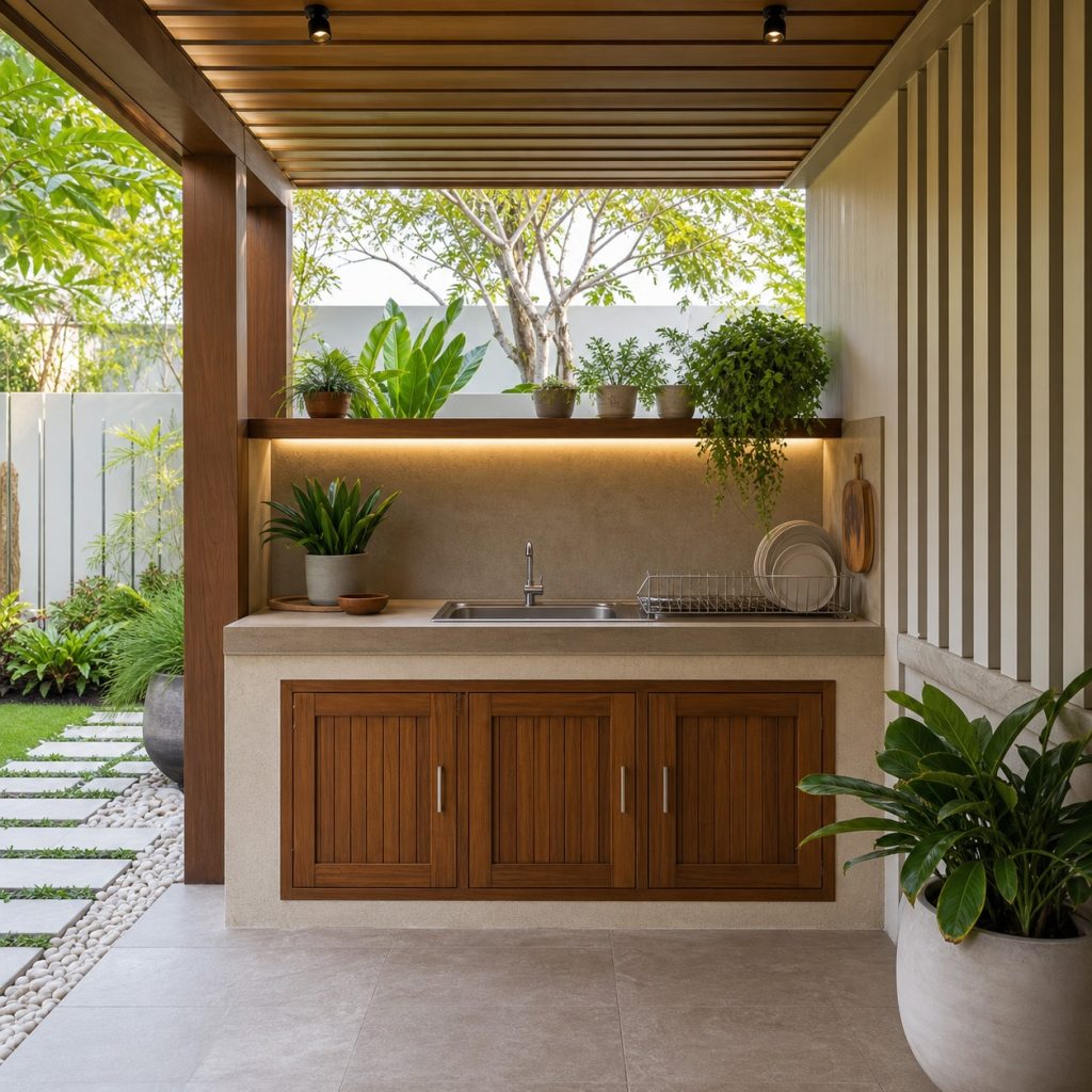 Covered outdoor sink with drainboard and drying shelf beneath a timber roof