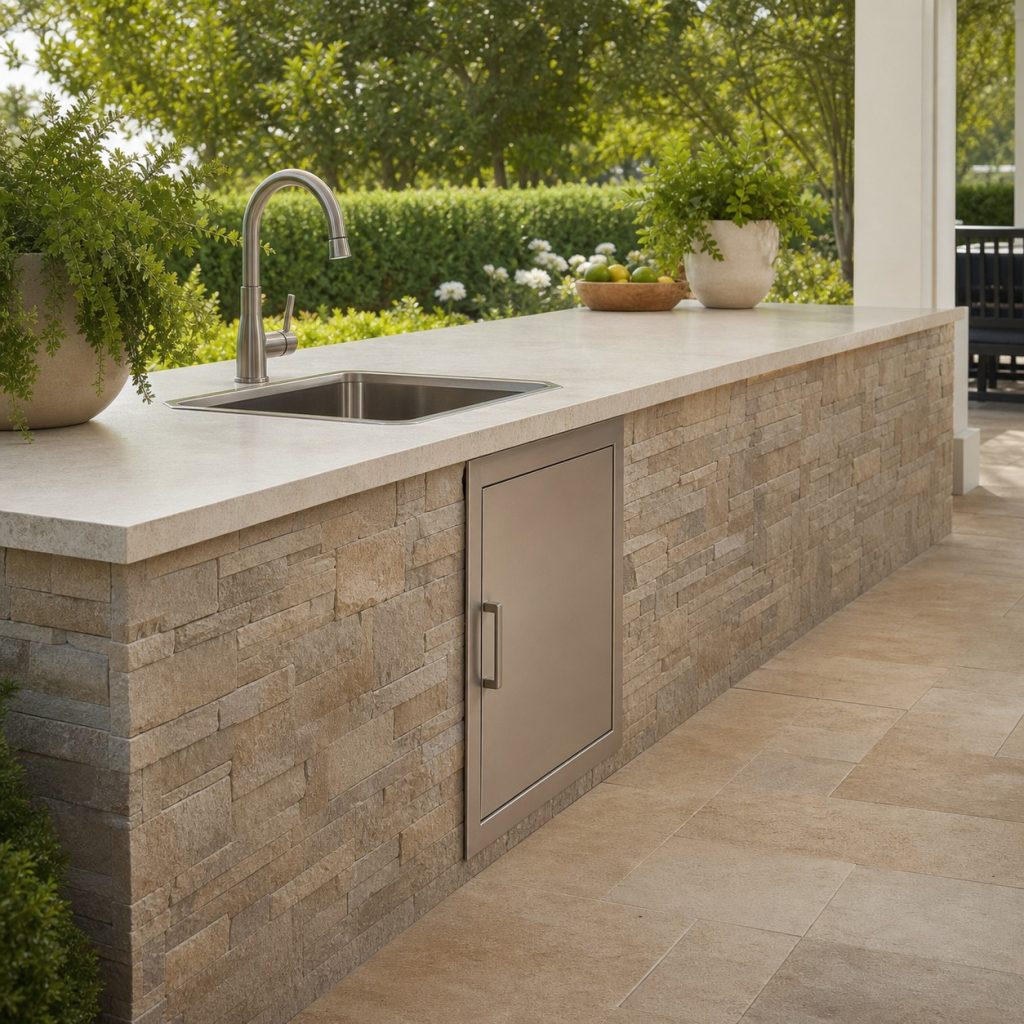 Stainless outdoor sink installed in a pale masonry counter with access door