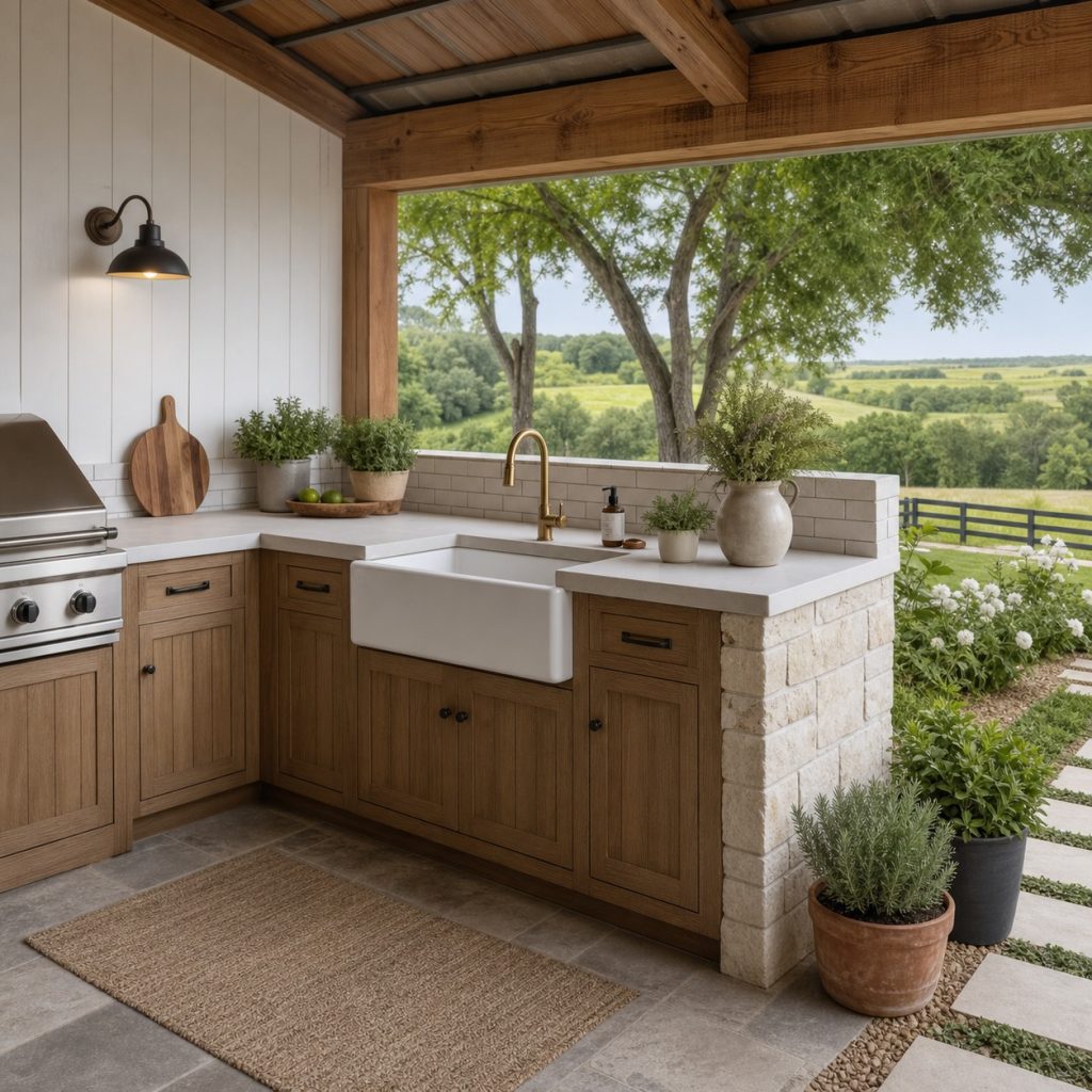 Apron-front farmhouse outdoor sink under a protected wood roof