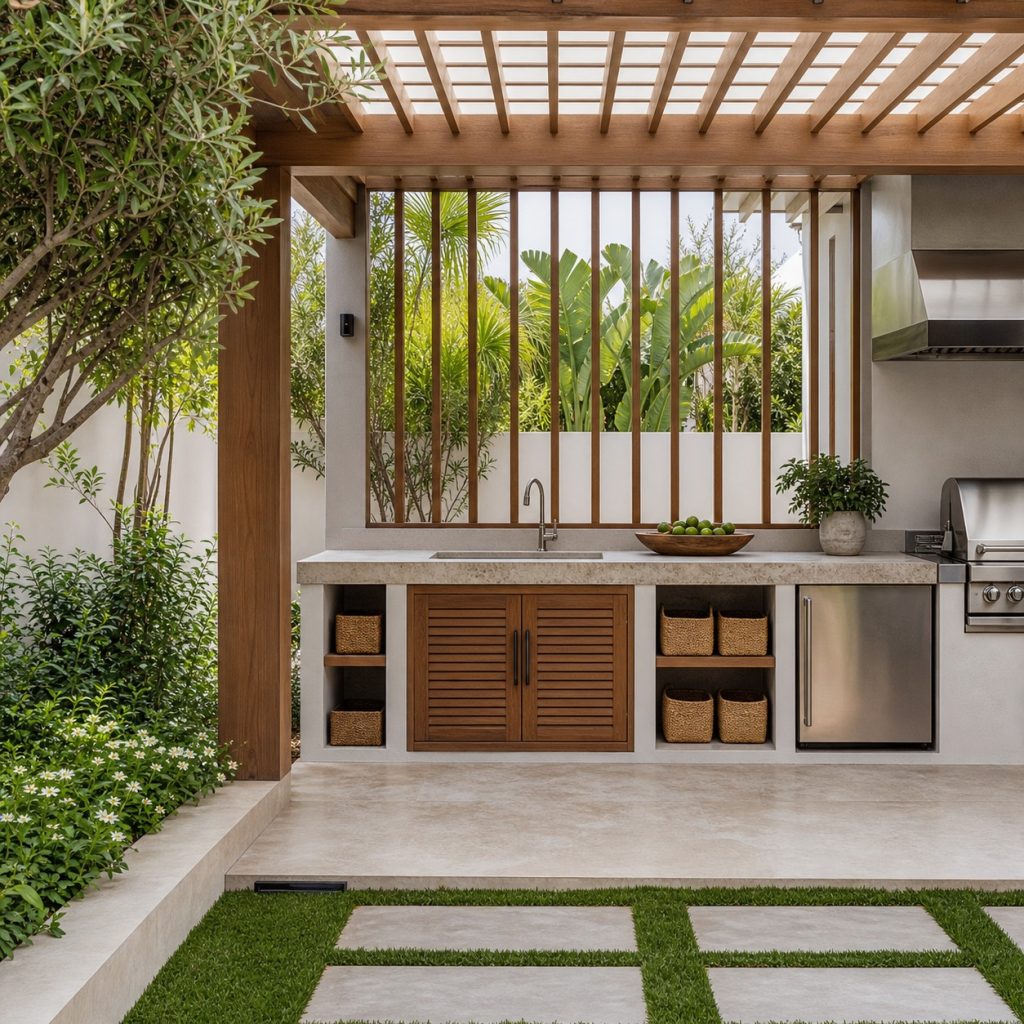 Outdoor sink with closed weather-ready plumbing cabinet and side storage