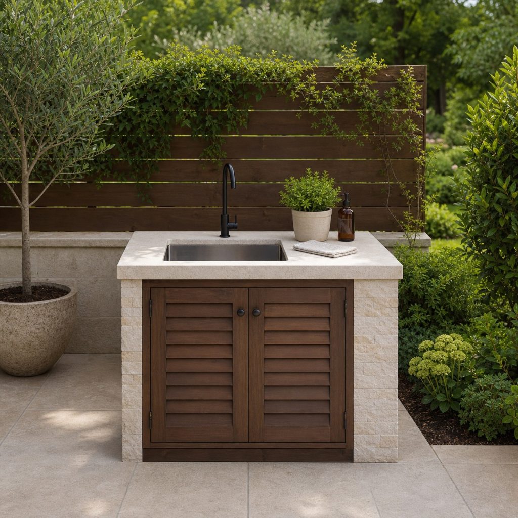 Freestanding outdoor wash station with deep sink and compact enclosed base
