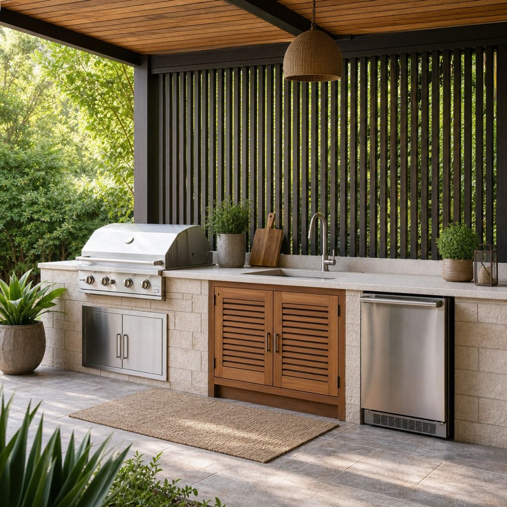 Outdoor sink placed between grill and refrigerator with separate landing spaces
