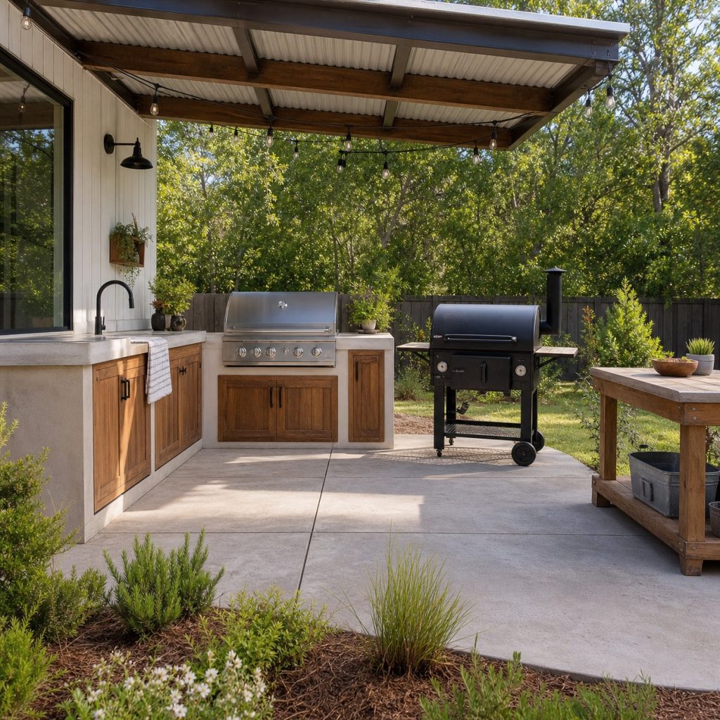 Freestanding offset smoker on broad paved pad beside outdoor prep table