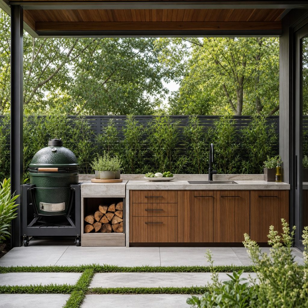 Ceramic kamado-style smoker in open stand with stone landing counter