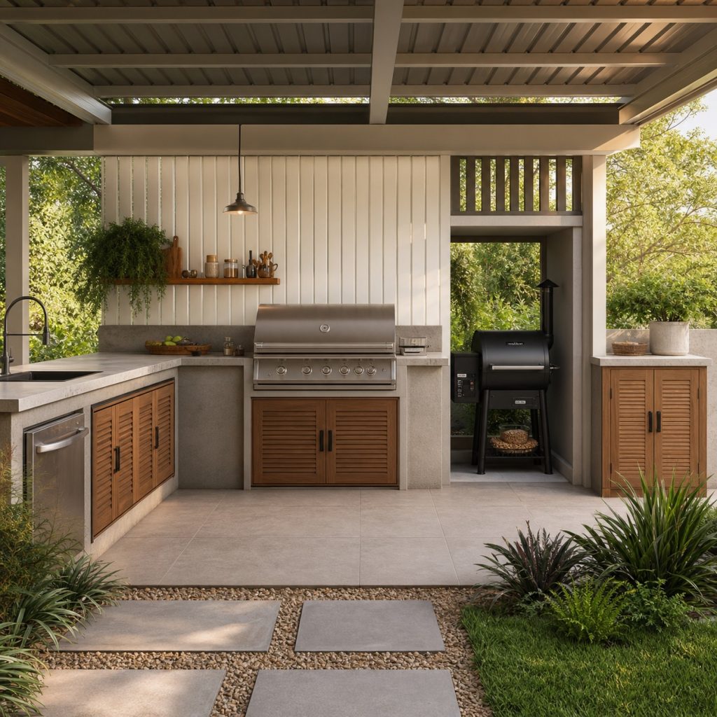 Freestanding pellet-style smoker in ventilated side bay with service clearance