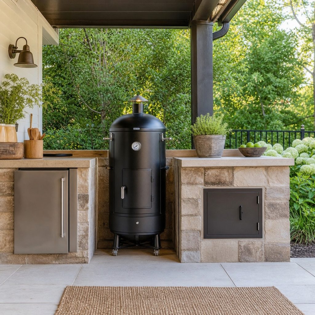 Masonry outdoor station preserving open ventilation around freestanding smoker