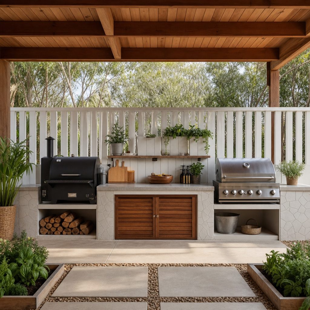 Outdoor cooking station with smoker and grill in separate paved bays