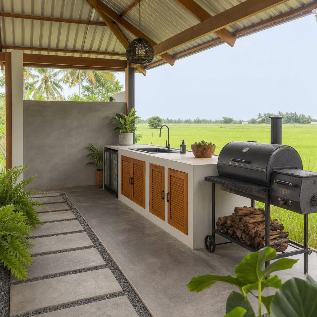 Open-sided roofed smoker station with high ceiling and heat-safe paving