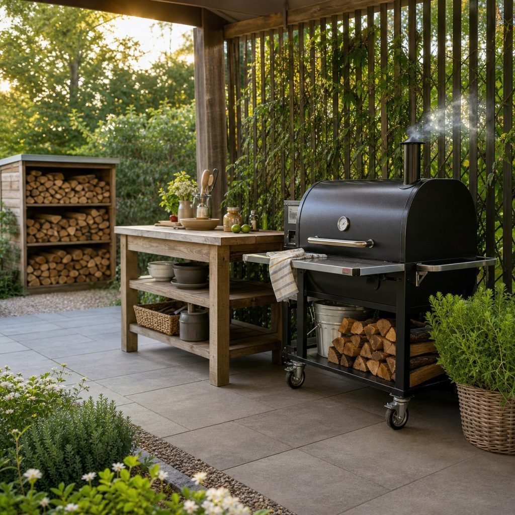 Mobile smoker cart on paved terrace with separate prep table