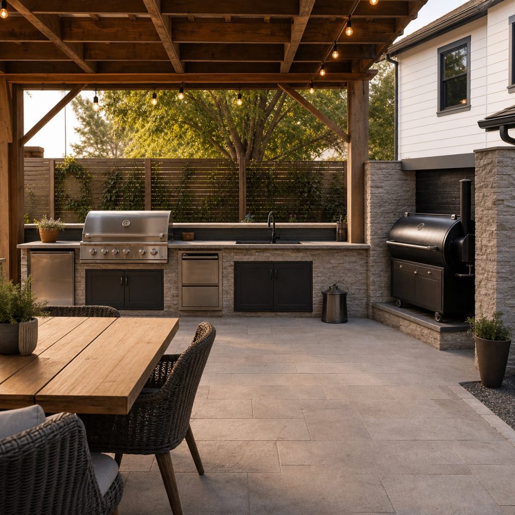Outdoor kitchen with dedicated smoker bay and metal ash-tool container
