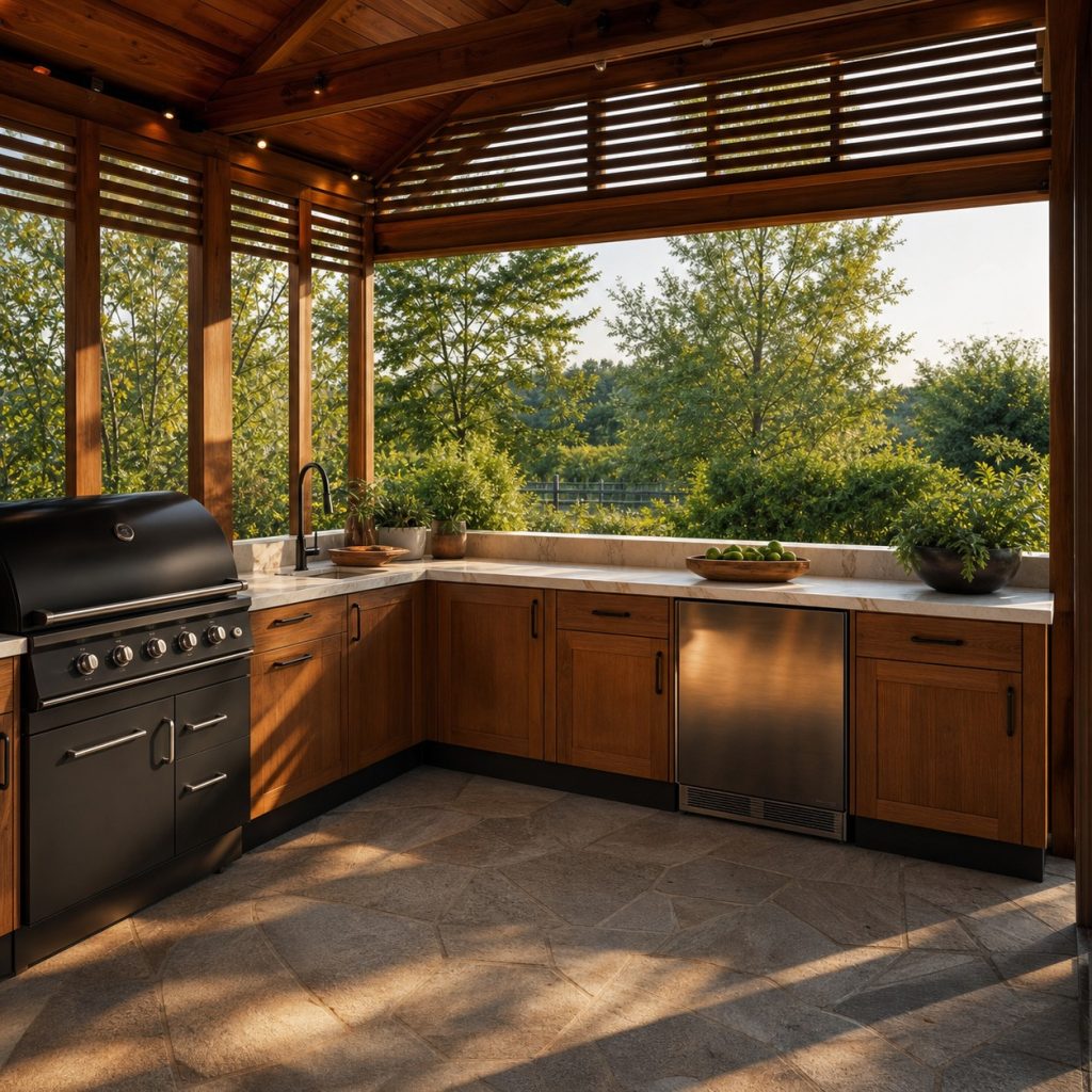 Outdoor kitchen with weather-protected base cabinets and raised toe kick