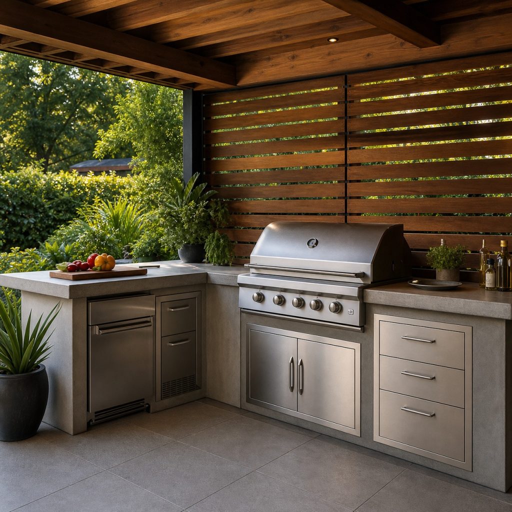 Outdoor grill island with ventilated appliance cabinet and separate drawers