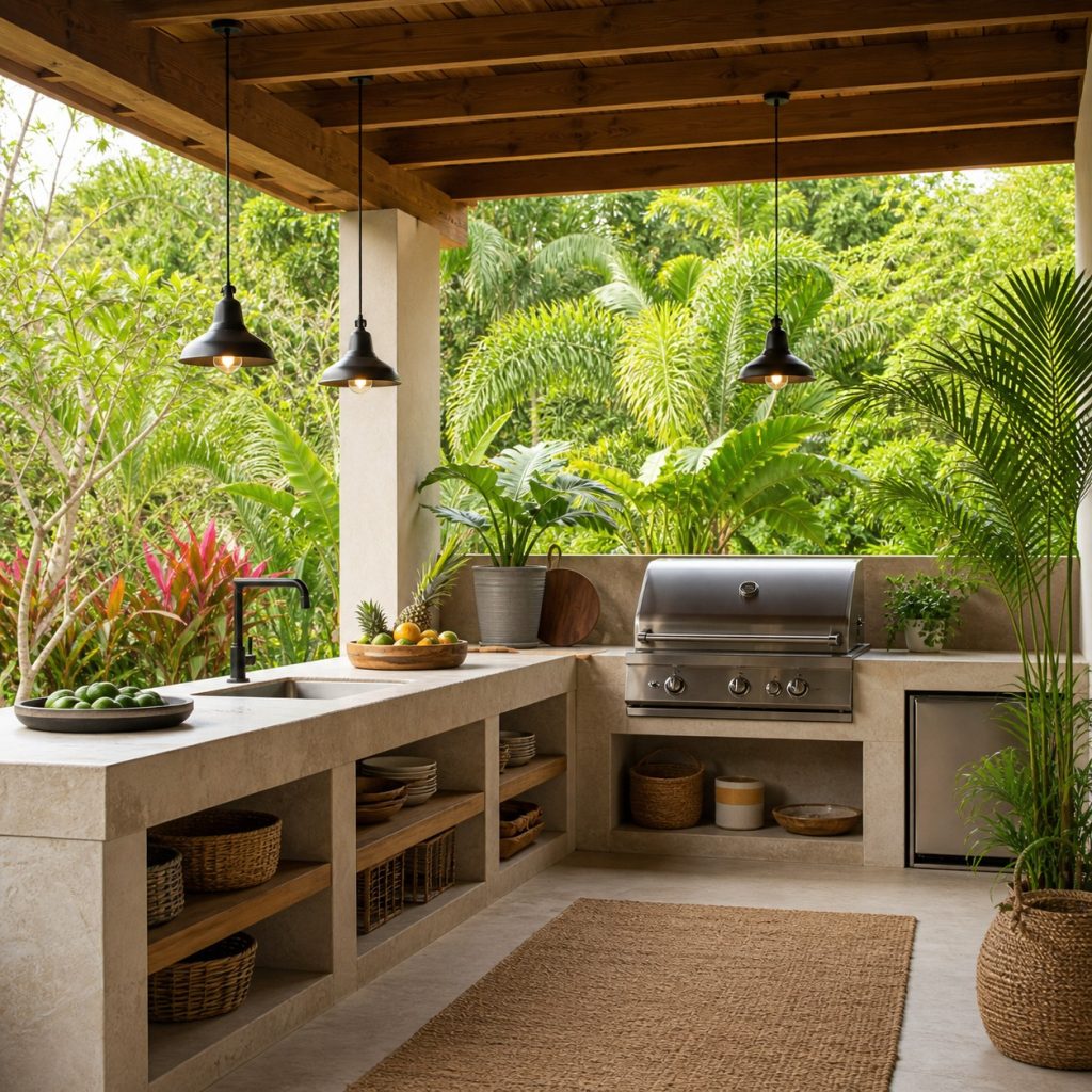 Covered masonry outdoor kitchen with open storage niches and removable baskets