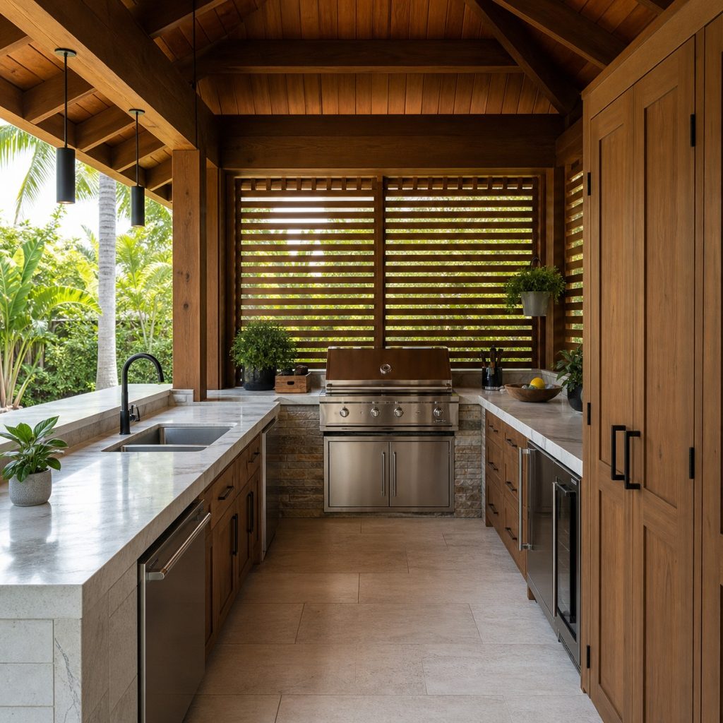 Covered outdoor kitchen with tall weather-resistant pantry cabinet