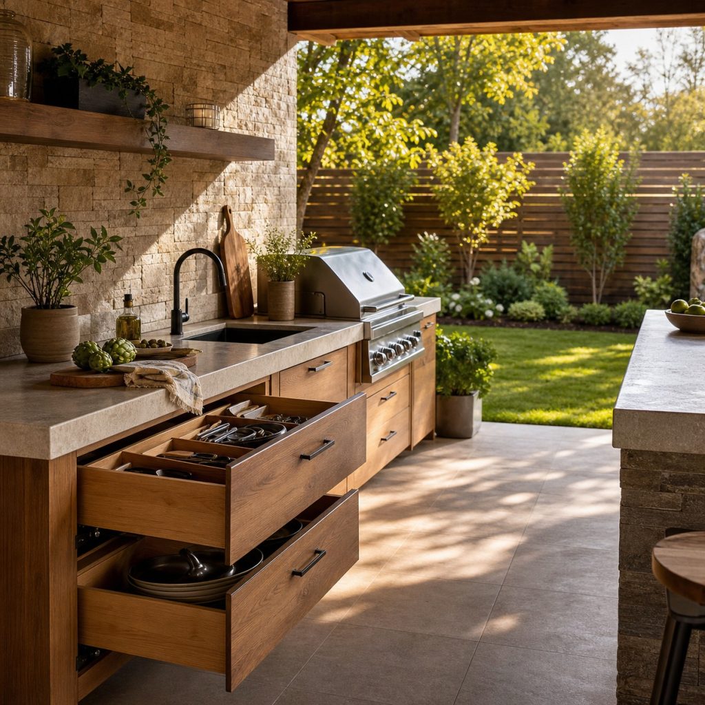 Outdoor prep counter with broad drawers for utensils and cookware
