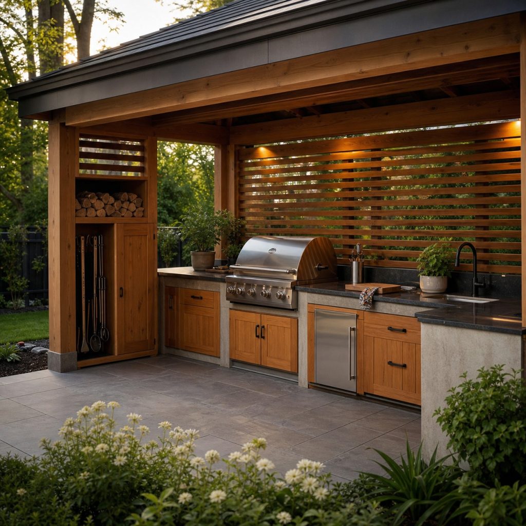 Outdoor kitchen with separate dry wood niche and closed tool cabinet