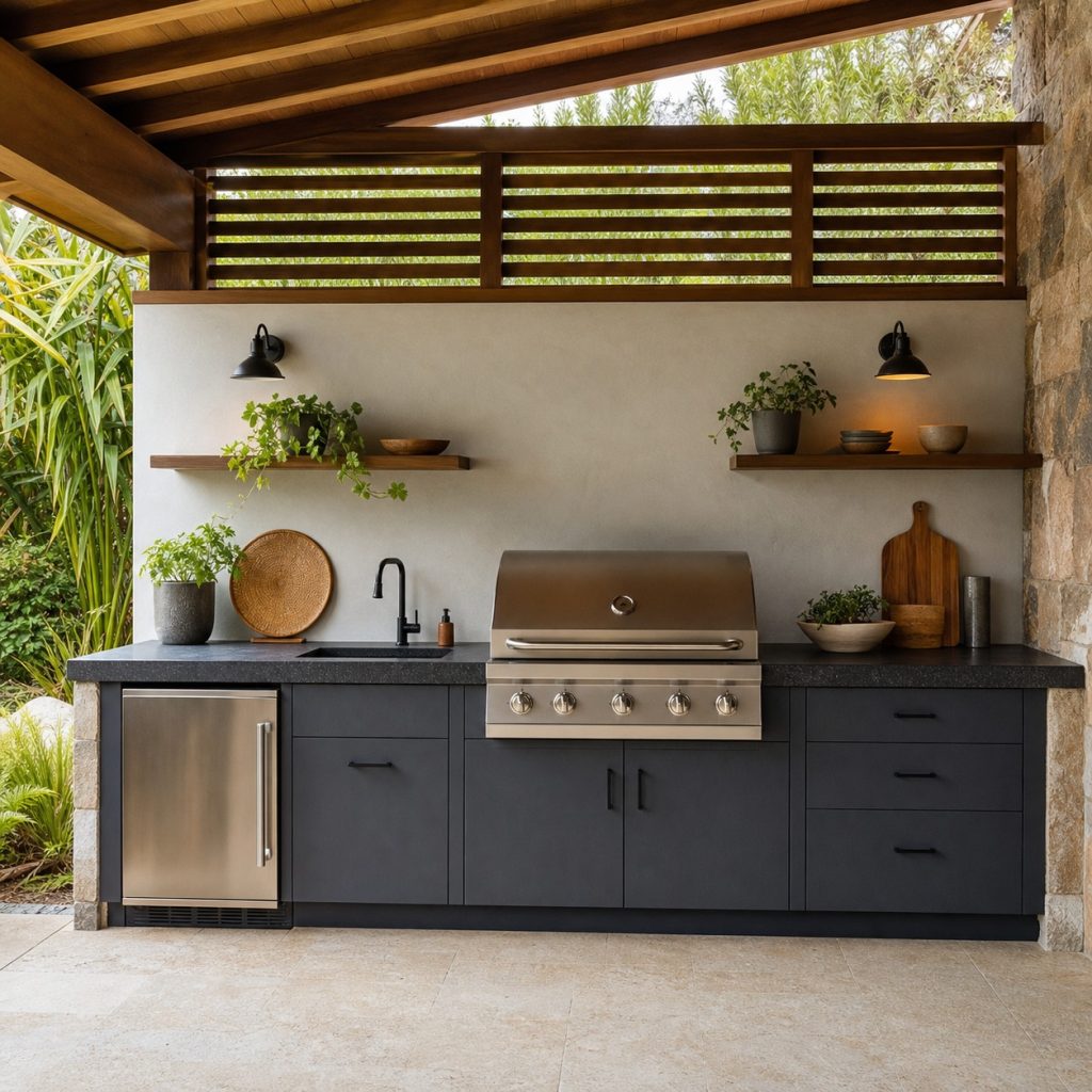 Outdoor kitchen wall combining shallow display shelves and closed base storage