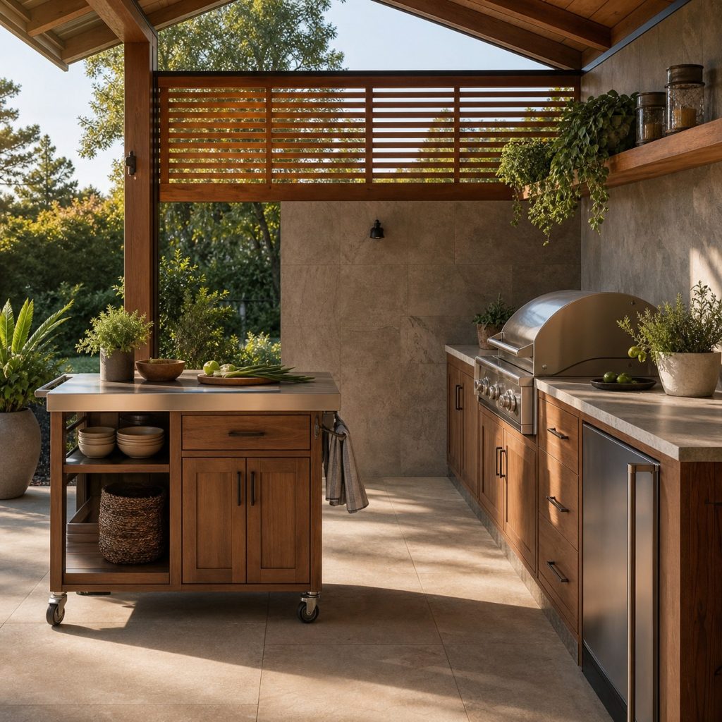 Outdoor cooking area with mobile prep cart and built-in weather-ready cabinets