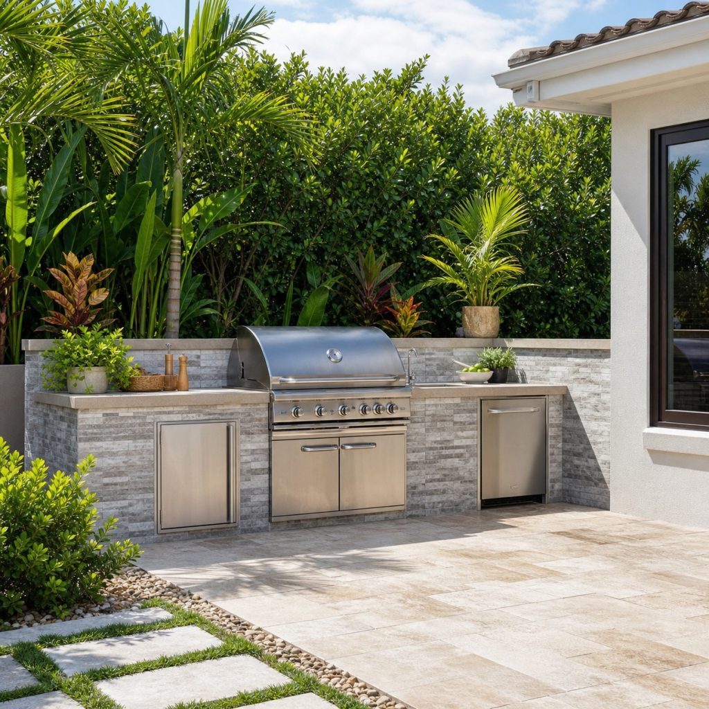 Open-air outdoor grill station with no roof and clear space around cooking