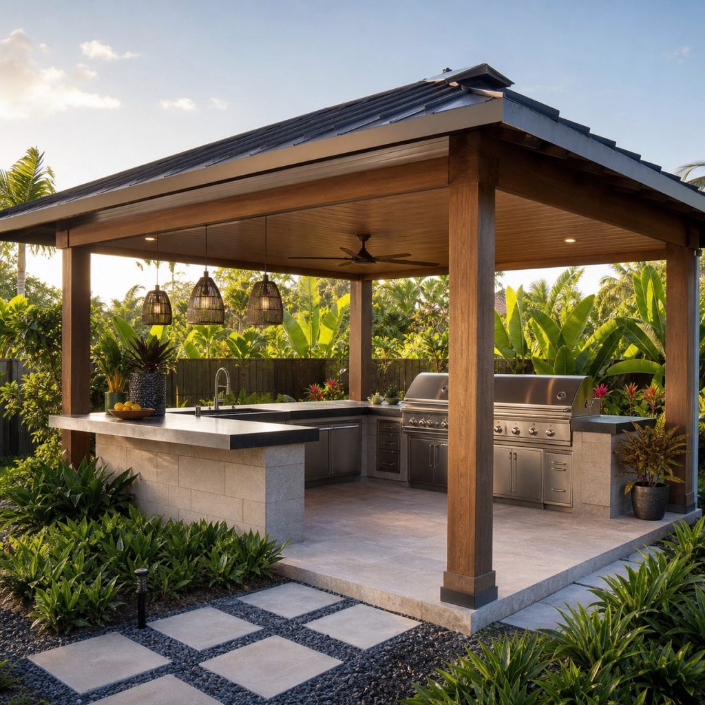 Open-sided outdoor kitchen pavilion with high roof and grill at exterior edge