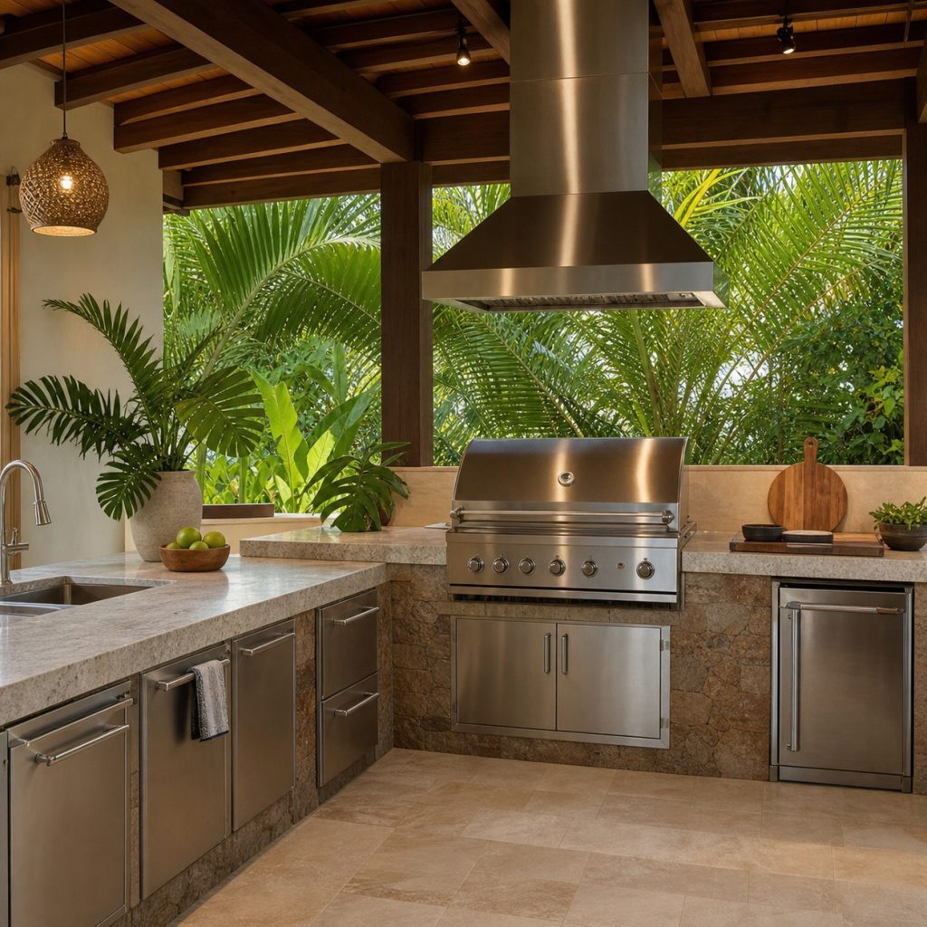 Covered outdoor kitchen with large stainless hood centered over grill