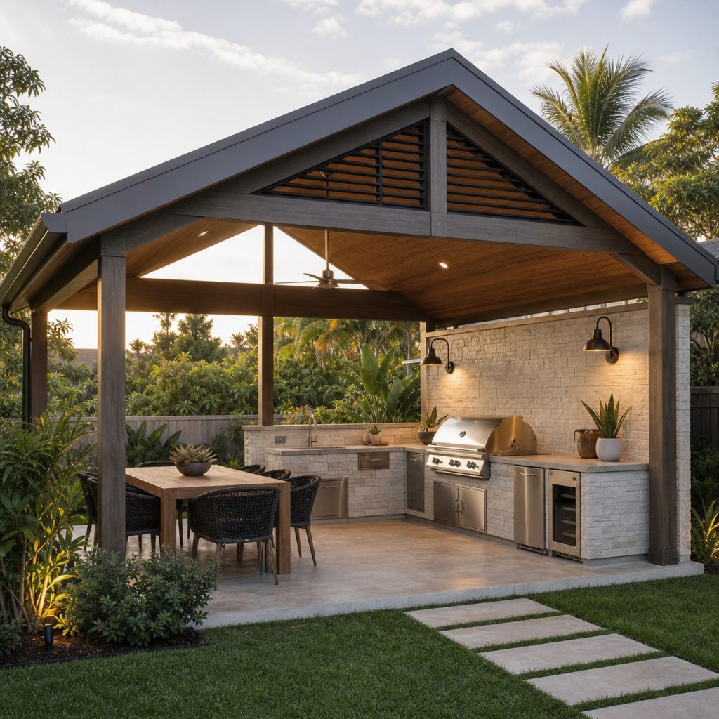 Outdoor kitchen beneath tall vaulted roof with open gable and grill on outer wall