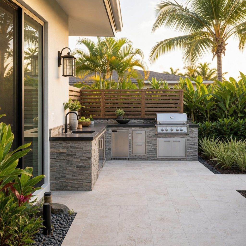 House-adjacent kitchen with grill at exterior end away from doors and windows