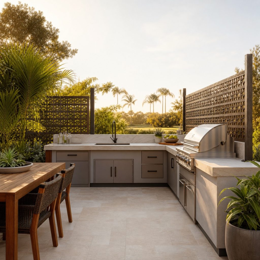 Outdoor kitchen with perforated privacy screens and grill facing open side