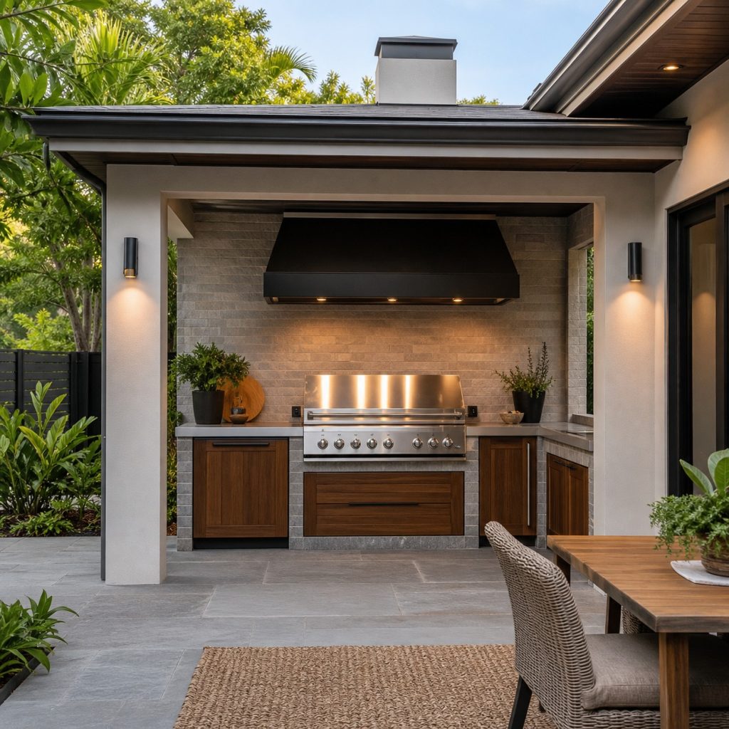 Covered grill wall with deep hood and smooth duct chase through roof