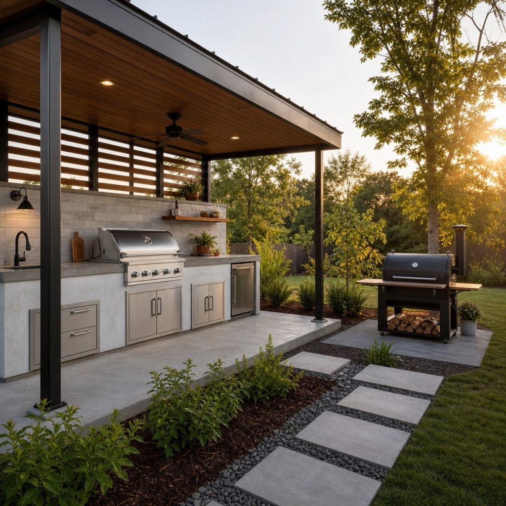 Outdoor pavilion grill with smoker on separate uncovered paved pad
