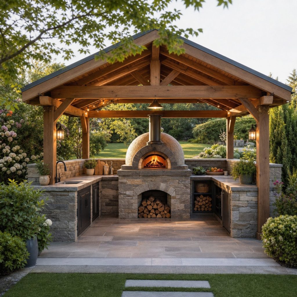 Built-in masonry dome pizza oven with stone counters and open garden setting