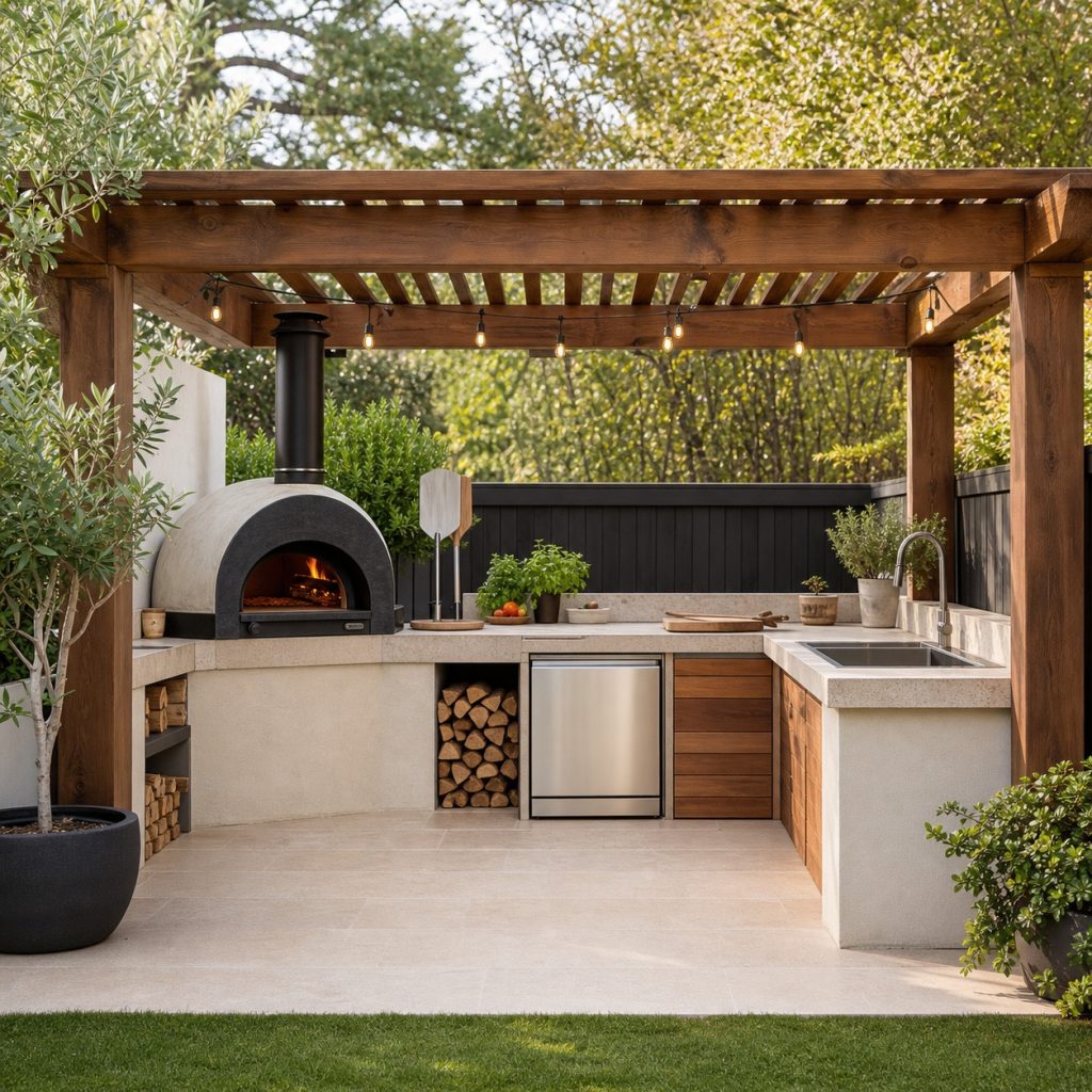Outdoor pizza oven kitchen with adjacent prep sink and broad counter