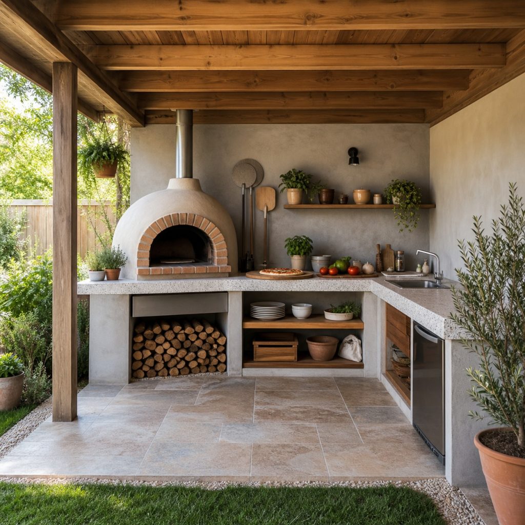 Covered outdoor pizza kitchen with oven and long ingredient-prep counter