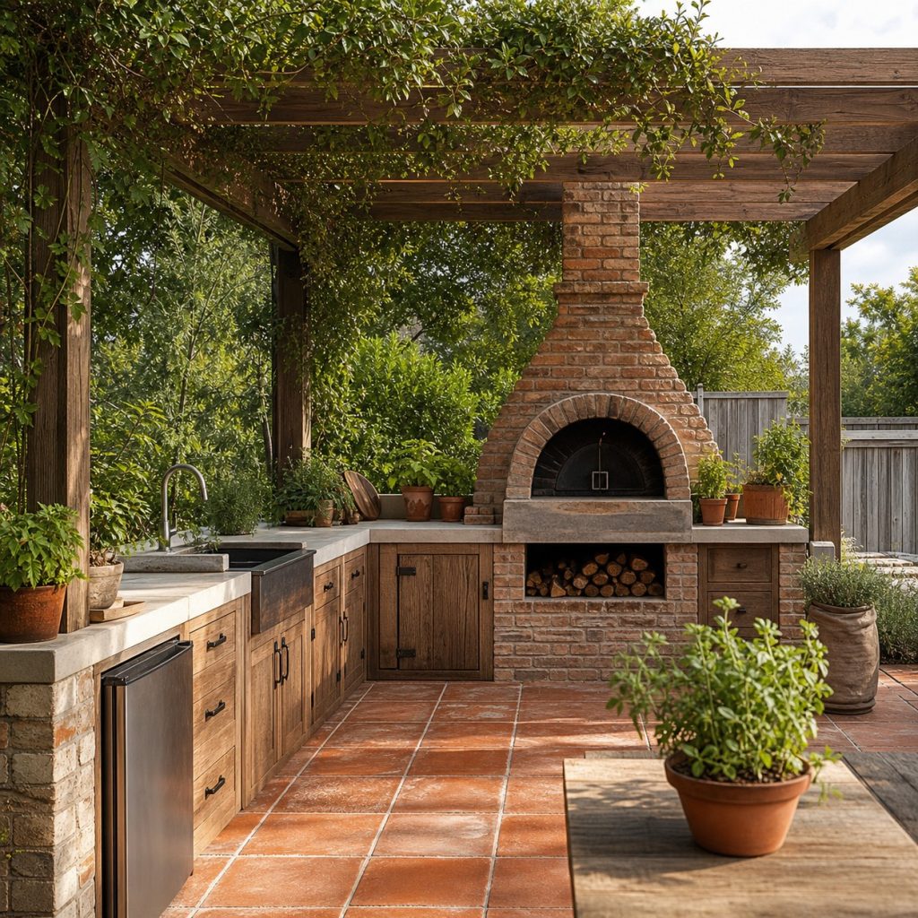 Rustic brick pizza oven in a garden kitchen with wood storage and stone counter