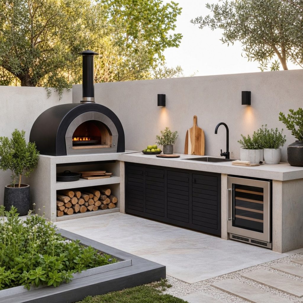 Modern outdoor pizza oven station with steel appliance and pale stone counter