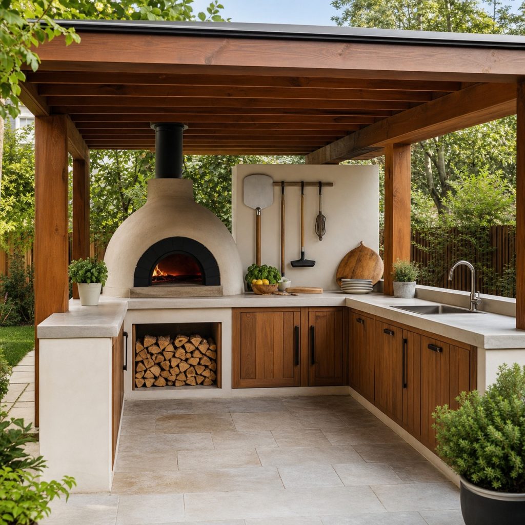 Outdoor pizza oven with organized dry wood storage beneath a separate prep counter