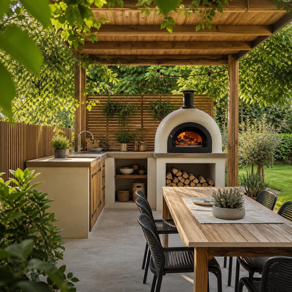 Outdoor pizza oven kitchen beside a dining table under a shaded structure