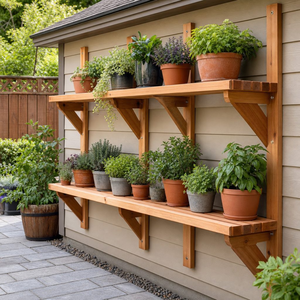 Wall-mounted cedar plant shelves on structural rails at a garden shed
