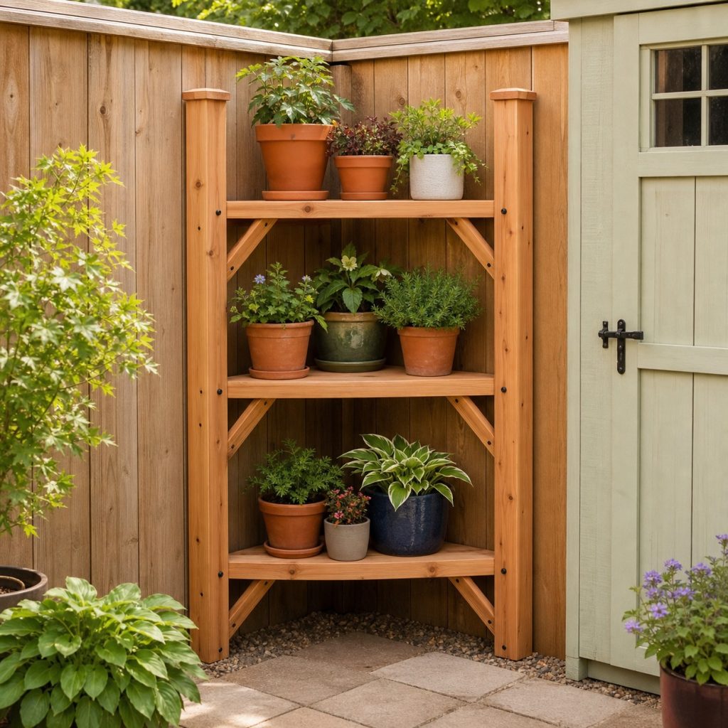 Wooden corner plant shelf wrapping a ninety-degree garden fence corner